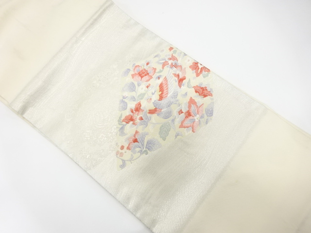 鳳凰に草花模様織り出し　名古屋帯